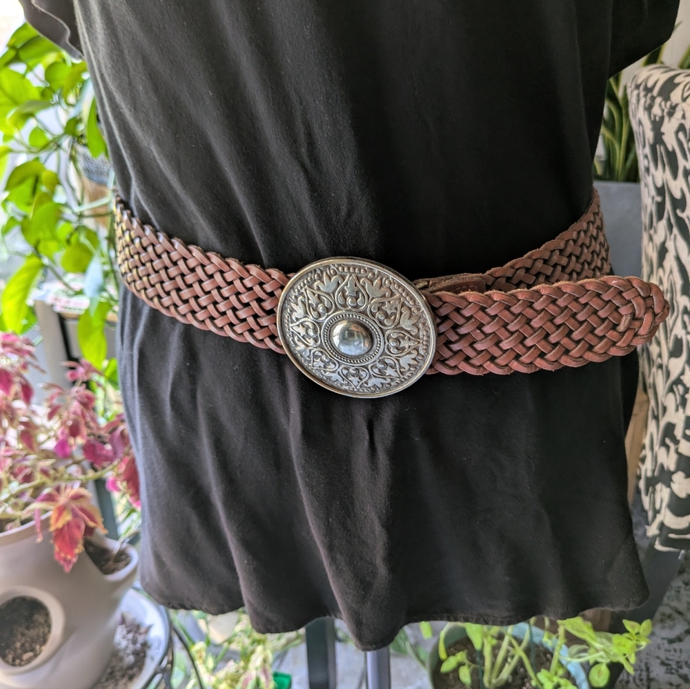 Fossil Braided Brown Leather Belt with Brass Buckle- SZ M